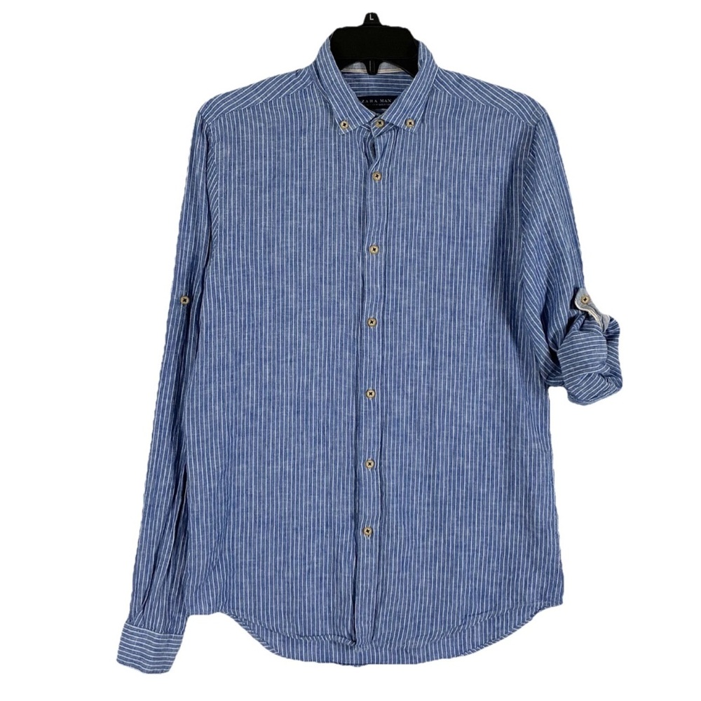 Zara Blue Striped Linen Button Shirt Men’s S Slim Fit Roll Tab Sleeves